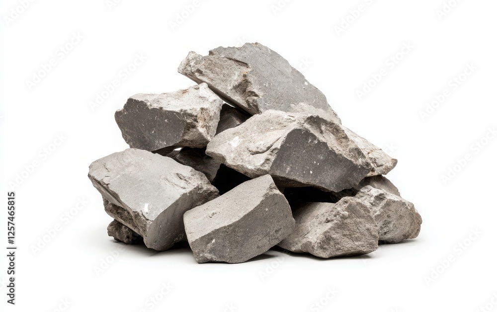 Industrial Gray Rubble: A pile of rough, jagged concrete fragments with visible cracks and textures, isolated on a clean white background. Industrial Gray Rubble: A pile of rough, jagged concrete fragments with visible cracks and textures, isolated on a clean white background.