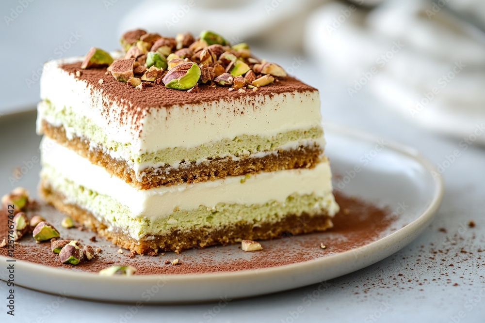 A delectable dessert features layers of rich pistachio cream and mascarpone between espresso-soaked biscuits, topped with chopped nuts and cocoa powder for a unique twist on tiramisu A delectable dessert features layers of rich pistachio cream and mascarpone between espresso-soaked biscuits, topped with chopped nuts and cocoa powder for a unique twist on tiramisu