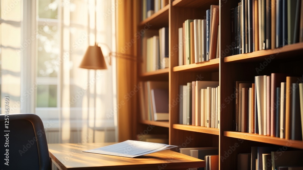 Literary workspace in gentle blur focus, honey-toned wooden bookshelf wall, harmonious office organization, ambient daylight filtering through sheer curtains, floating document board, serene Literary workspace in gentle blur focus, honey-toned wooden bookshelf wall, harmonious office organization, ambient daylight filtering through sheer curtains, floating document board, serene