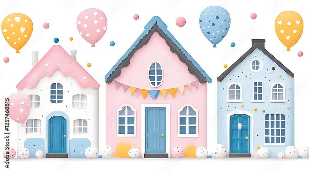 Three Cute Houses Celebrate With Balloons Three Cute Houses Celebrate With Balloons