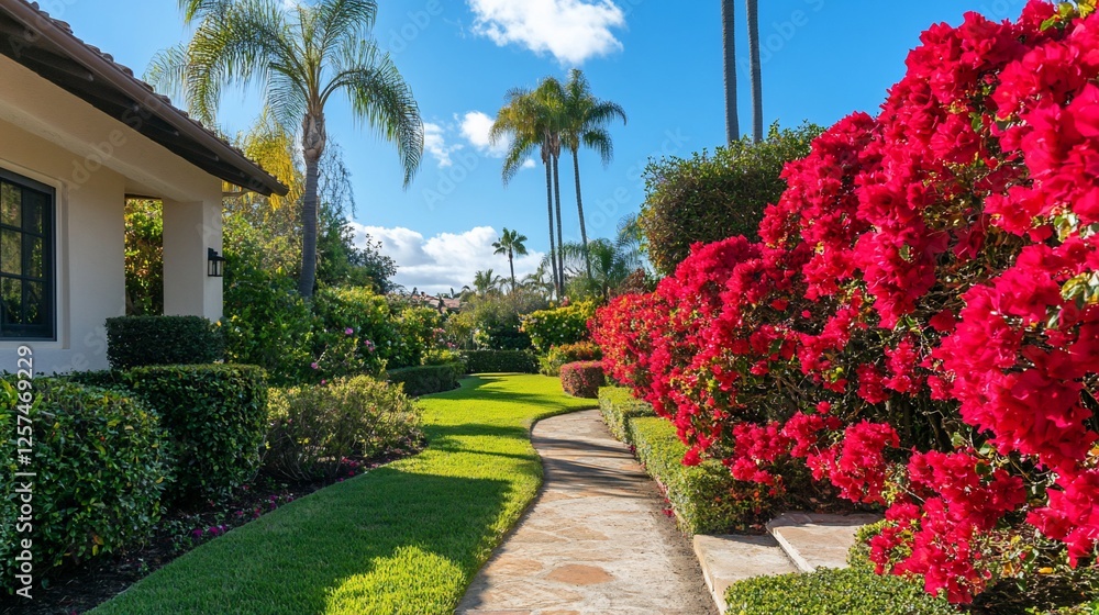 Naklejka premium Sunny path, lush garden, California home, vibrant bougainvillea