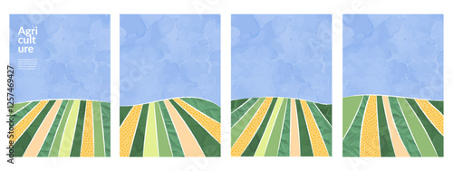 Modern eco design featuring green fields, rice, wheat, tea, corn, soybean, paddy. Abstract illustration with vintage texture, hill, mountain, landscape in watercolor. Sustainable, organic, aesthetic