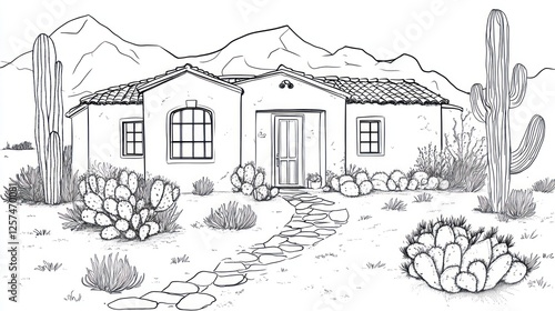 Desert house architectural drawing, stone path, cacti