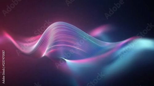 Abstract wave of glowing lines in purple and blue tones on a dark background. Concept of futuristic technology and innovation.