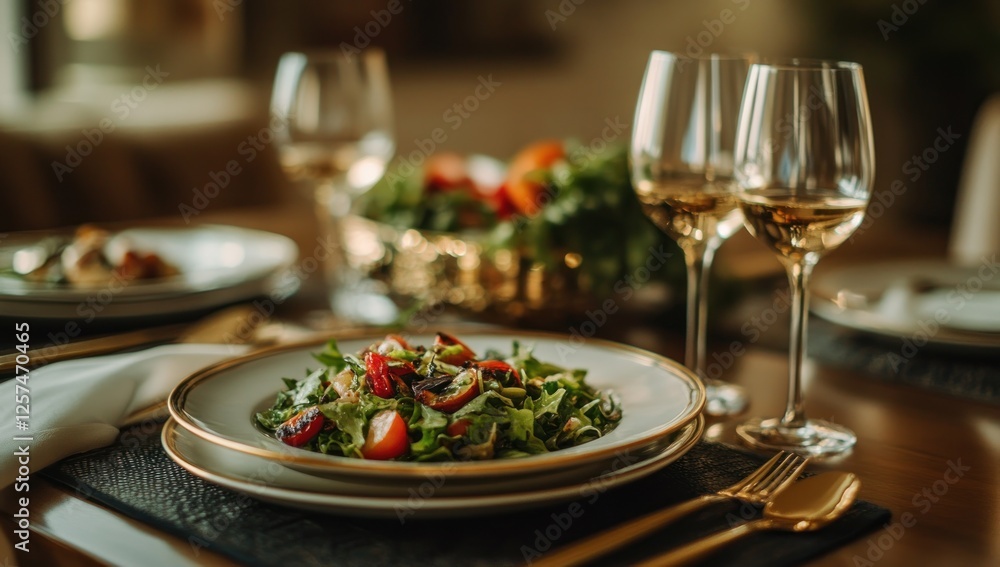 Gourmet Salad with Two Glasses of Wine: A Luxurious Dining Experience Gourmet Salad with Two Glasses of Wine: A Luxurious Dining Experience