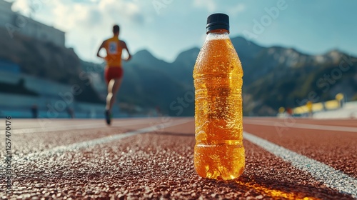 Close-up of runners hydrating with sports drink in athletic stadium