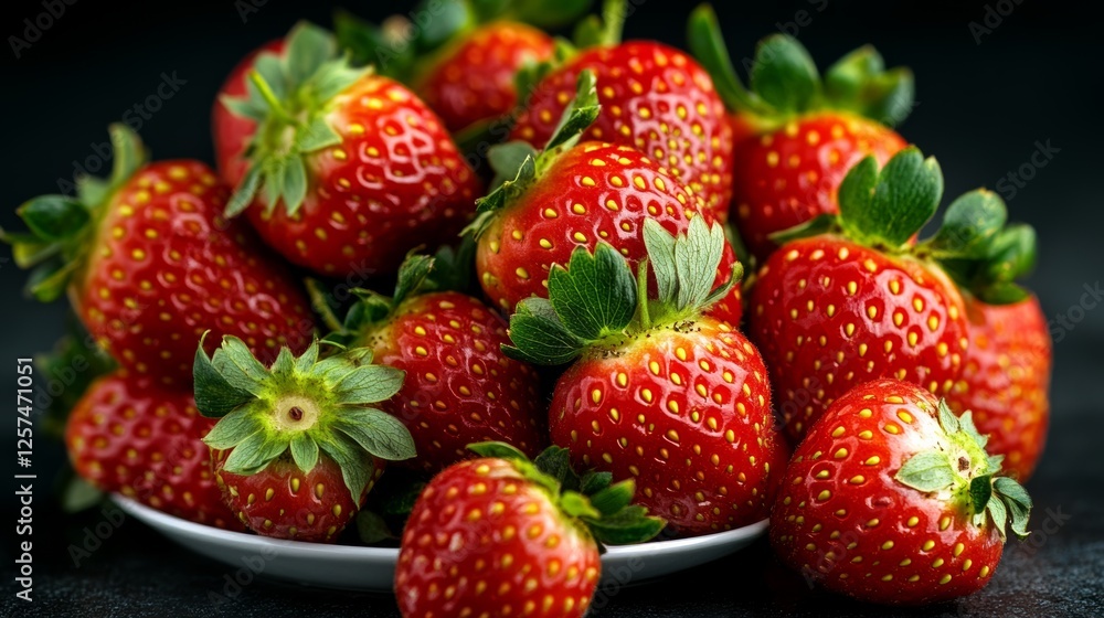 Plate of fresh strawberries with green leaves on top. The plate is white and the strawberries are red Plate of fresh strawberries with green leaves on top. The plate is white and the strawberries are red