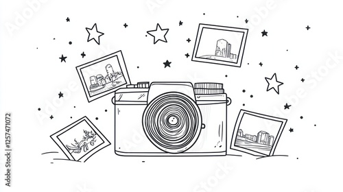 Camera surrounded by photos, stars; photography concept; website banner photo