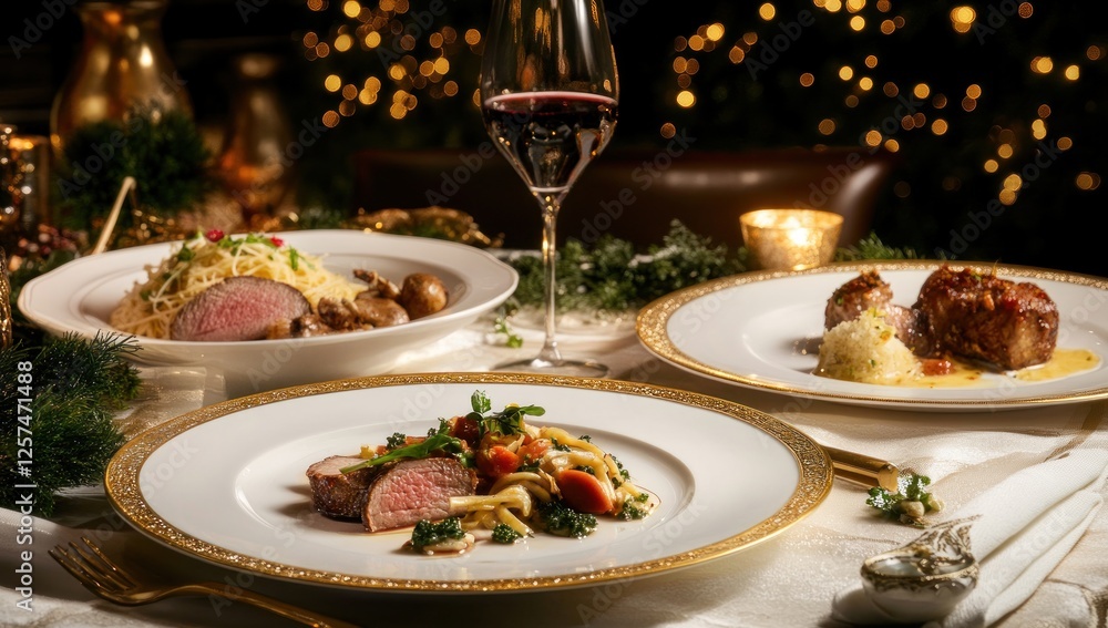Elegant Christmas Dinner: Gourmet Feast with Lamb, Pasta, and Festive Decor Elegant Christmas Dinner: Gourmet Feast with Lamb, Pasta, and Festive Decor