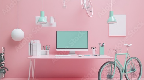 levitating work desk scene, suspended office supplies, pastel pink environment, modern computer setup, teal bicycle, soft shadows, weightless furniture arrangement