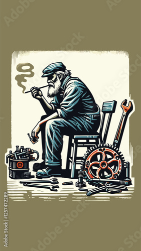 an old man in mechanic's clothes was sitting and smoking, in block print style 