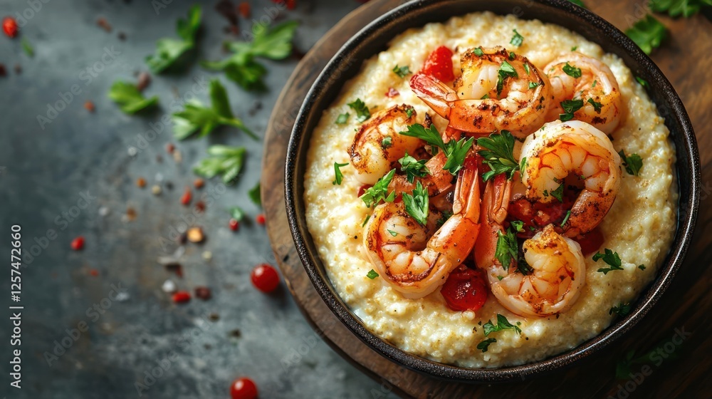 A delicious bowl of shrimp and grits, garnished with fresh herbs. A delicious bowl of shrimp and grits, garnished with fresh herbs.