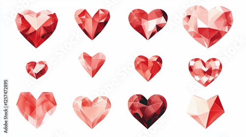Red gemstone hearts, facets, design elements, white background, Valentine's Day