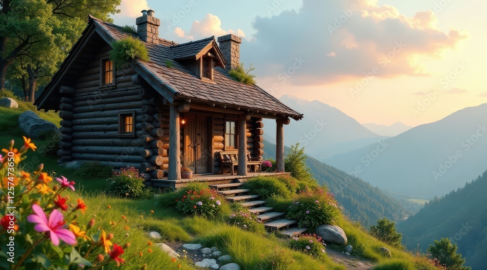 Rustic Log Cabin Retreat Nestled on a Mountainside with Blooming Wildflowers at Sunset Rustic Log Cabin Retreat Nestled on a Mountainside with Blooming Wildflowers at Sunset