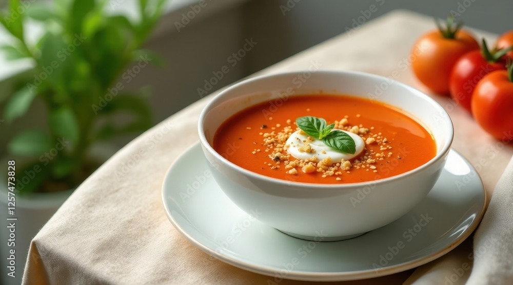 Aromatic tomato soup garnished with creamy dollop and crunchy topping served in elegant bowl on a tranquil setting Aromatic tomato soup garnished with creamy dollop and crunchy topping served in elegant bowl on a tranquil setting