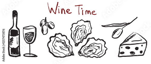 Glass wine bottle with red wine, oysters, cheese, olives and grape in in brush stroke texture isolated on white background. Hand drawn vector sketch illustration in vintage charcoal ink. Menu design