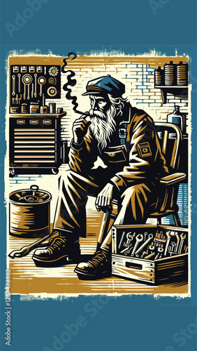an old man in mechanic's clothes was sitting and smoking, in block print style 