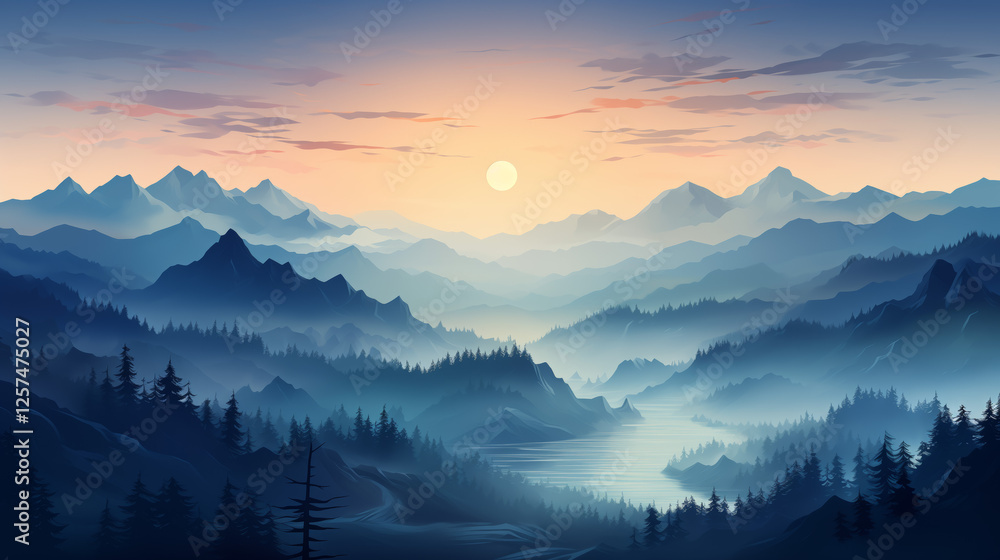 Pixelated Misty Mountain Sunrise Landscape Pixelated Misty Mountain Sunrise Landscape
