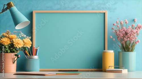 Blank chalkboard on desk with flowers, pencils, and lamp; home office workspace background, ideal for education or advertising