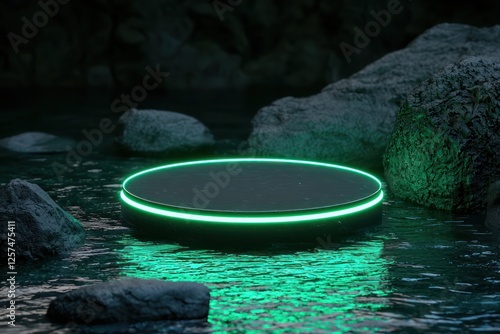 Softly angled toward the viewer, a circular podium with emerald green neon light floats gently above polished pebbles and rippling water.