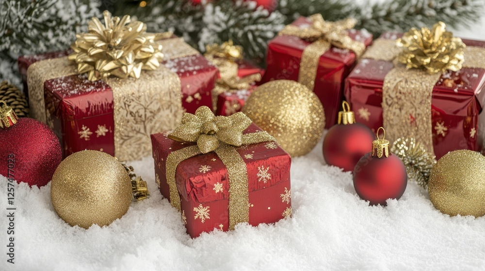 Obraz premium Festive red & gold gifts in snow; Christmas background