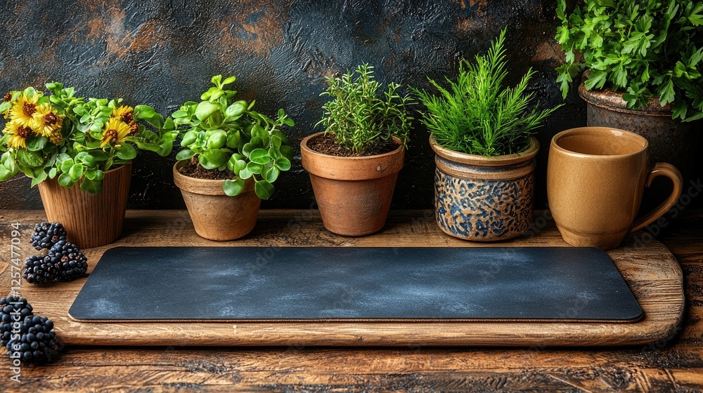 A rustic wooden table adorned with potted herbs, flowers, and a coffee cup in a cozy setting A rustic wooden table adorned with potted herbs, flowers, and a coffee cup in a cozy setting