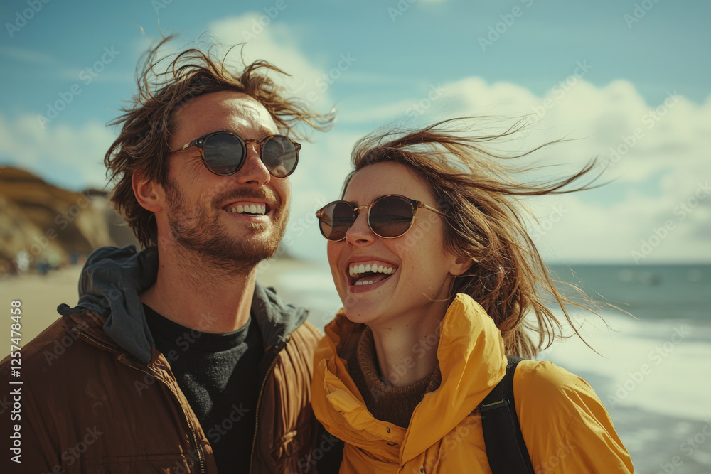 Joyful couple basking in the sunlight at a scenic beach, wearing stylish sunglasses, while the ocean waves crash softly in the background creating a carefree atmosphere Joyful couple basking in the sunlight at a scenic beach, wearing stylish sunglasses, while the ocean waves crash softly in the background creating a carefree atmosphere