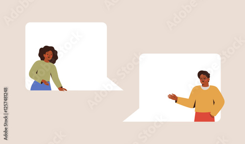 People talk or speak via online messages. Black Man and woman chatting by speech bubbles. Dialogue between friends or colleagues. Corporate communication concept. Vector illustration