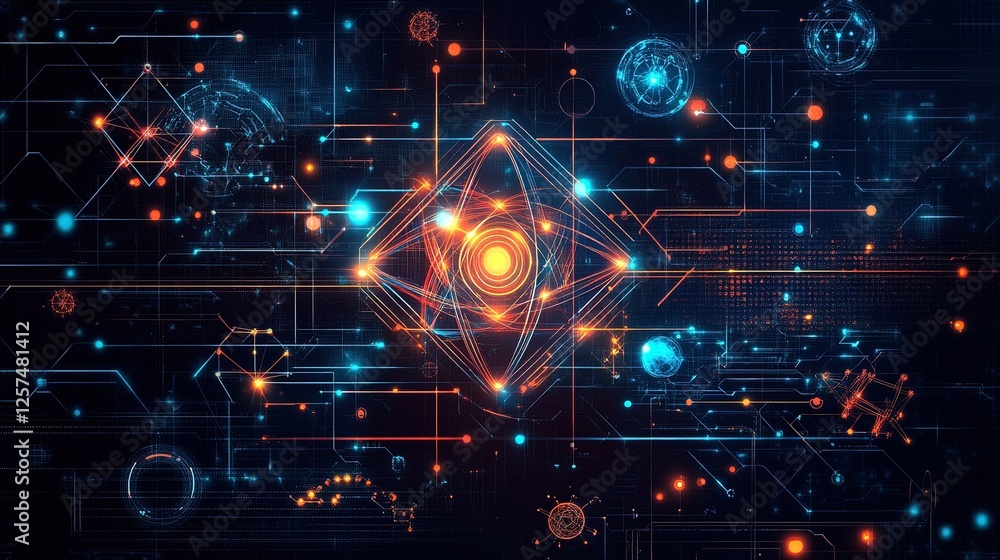 Fototapeta premium Abstract digital design with luminous data streams, glowing atoms, and scientific icons
