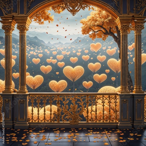 Majestic Mountain View with Golden Hearts in Autumn Scene from an Ornate Balcony With a Beautiful Horizon View from a Scenic Balcony During Fall Season Featuring Dramatic Clouds and Trees with Golden