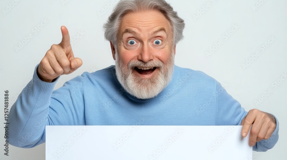 Man in a blue sweater is pointing at a blank white sign Man in a blue sweater is pointing at a blank white sign