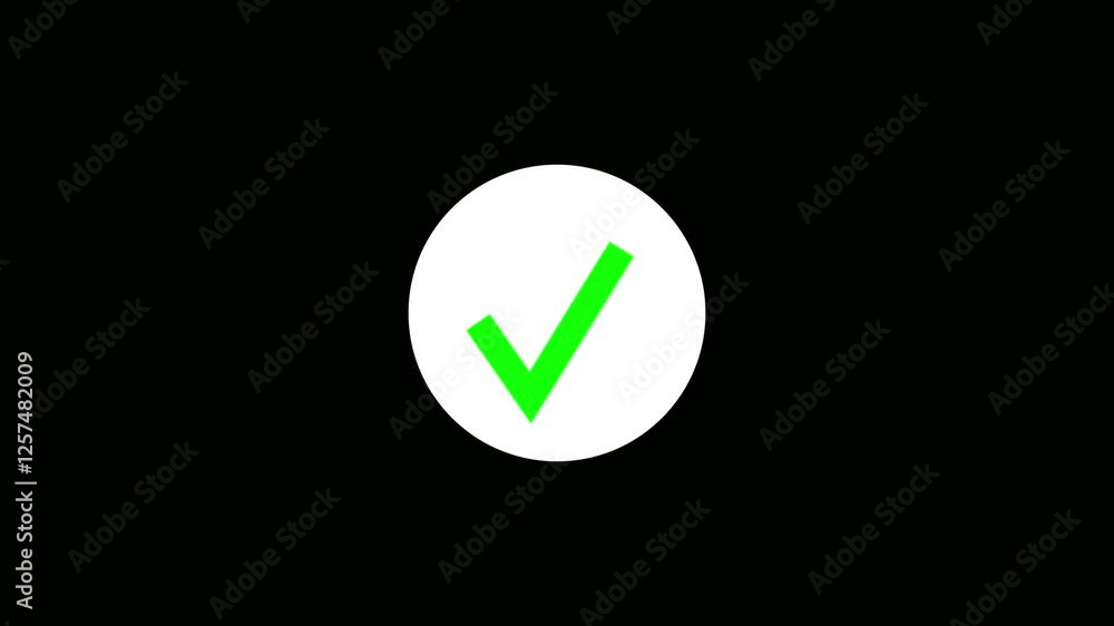 Green check mark icon animation in white circle on a black background. Green check mark icon animation in white circle on a black background.