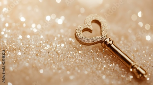Golden heart key on sparkling surface; love, romance, secret concept; ideal for Valentine's Day or wedding