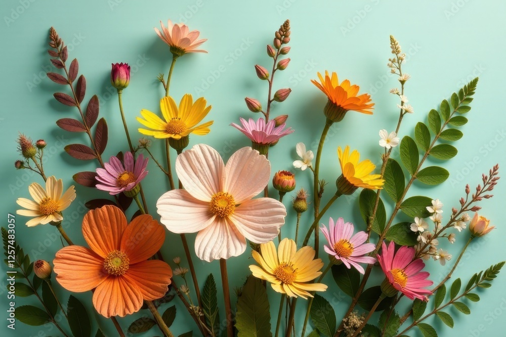 Obraz premium A vibrant arrangement of various wildflowers, showcasing a spectrum of pastel and bold hues, organically composed against a serene aqua backdrop