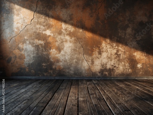 Wooden floor and grunge wall creating the perfect rustic atmosphere for interior design projects. photo