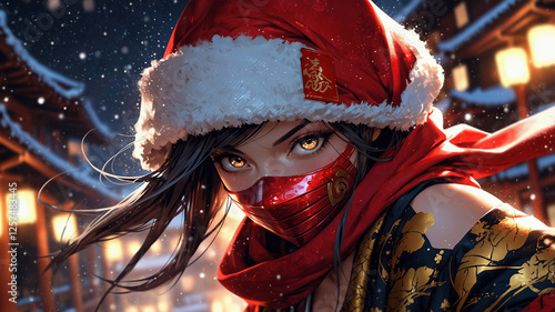 赤い着物を着た女性忍者