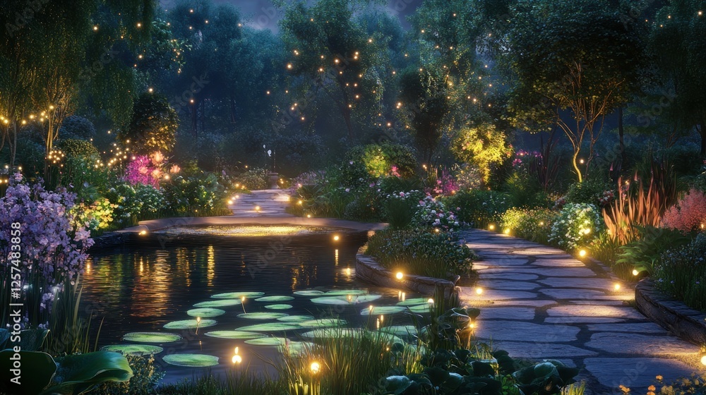 Obraz premium Magical night garden path, glowing flowers, pond, fantasy landscape, serene escape