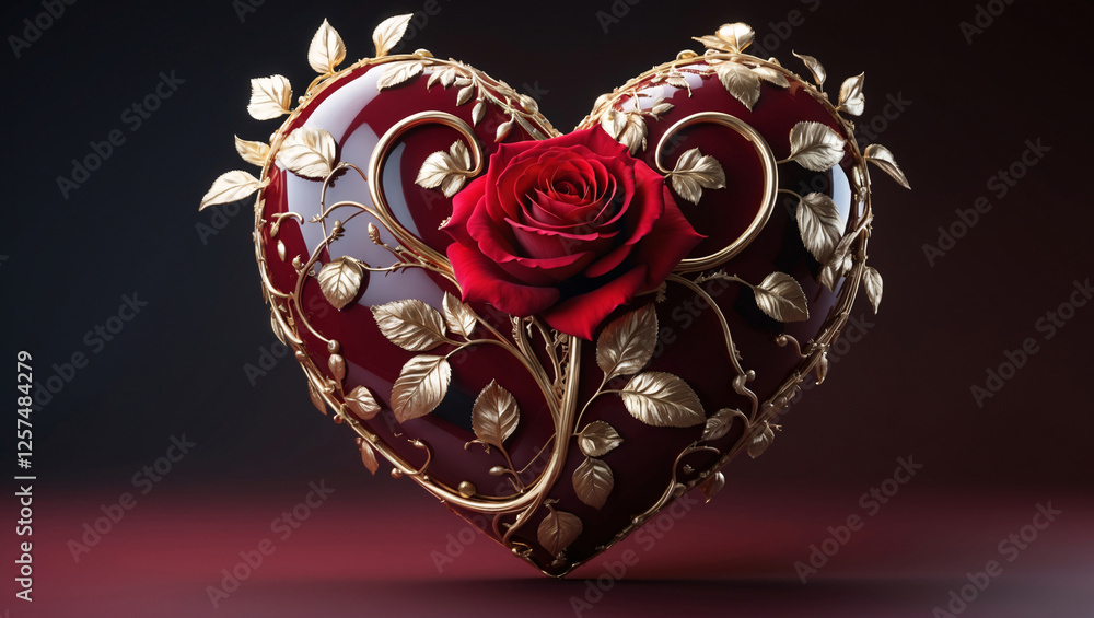 Obraz premium Beautiful Heart Shaped Deep Red Ornament with Blooming Red Rose and Golden Stem on Dark Red Background for Elegant Wedding and Special Occasion Decorations Romantic Wallpaper Background