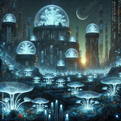 Underwater City with Bioluminescent Plants Domes and structures