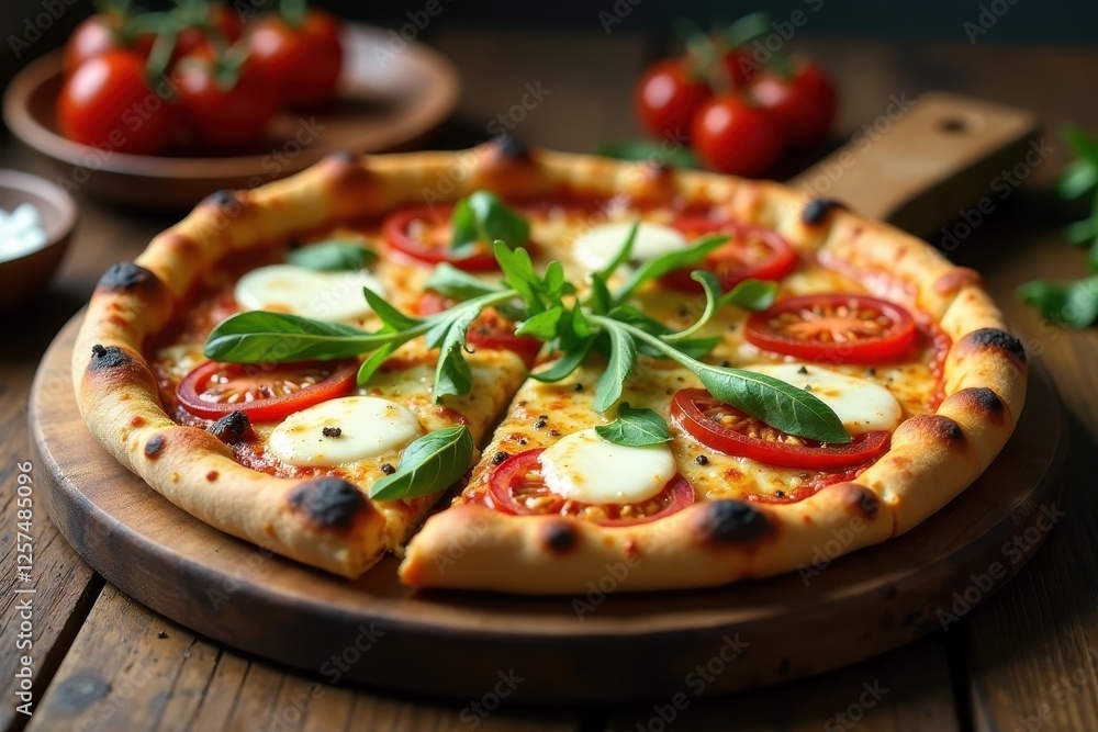 Aromatic Pizza with Fresh Mozzarella and Vine-Ripened Tomatoes on a Rustic Wooden Board Aromatic Pizza with Fresh Mozzarella and Vine-Ripened Tomatoes on a Rustic Wooden Board