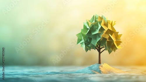 Low-poly tree growing on mound, sunset background, nature regeneration concept. Ideal for environmental projects
