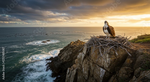 Majestic osprey perched on a coastal cliff nest at sunset, overlooking the ocean waves and horizon