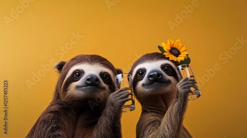 Two baby sloths holding glasses and a flower