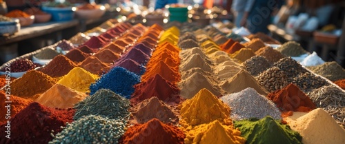 Colorful display of various spices arranged in stripes at a market stall in the afternoon. photo