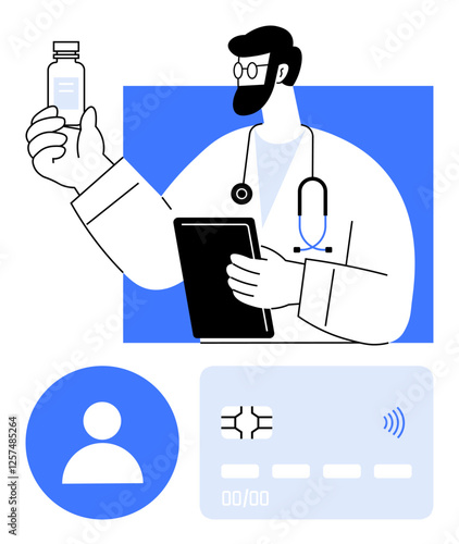 Doctor with stethoscope holding medicine bottle, reviewing tablet data, digital ID card. Ideal for healthcare, telemedicine, digital identity, e-prescriptions, medical technology, online