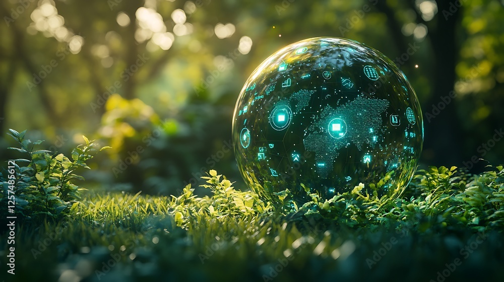 Digital Globe and Technology Icons in Forest, A globe with green technology icons floating above Digital Globe and Technology Icons in Forest, A globe with green technology icons floating above