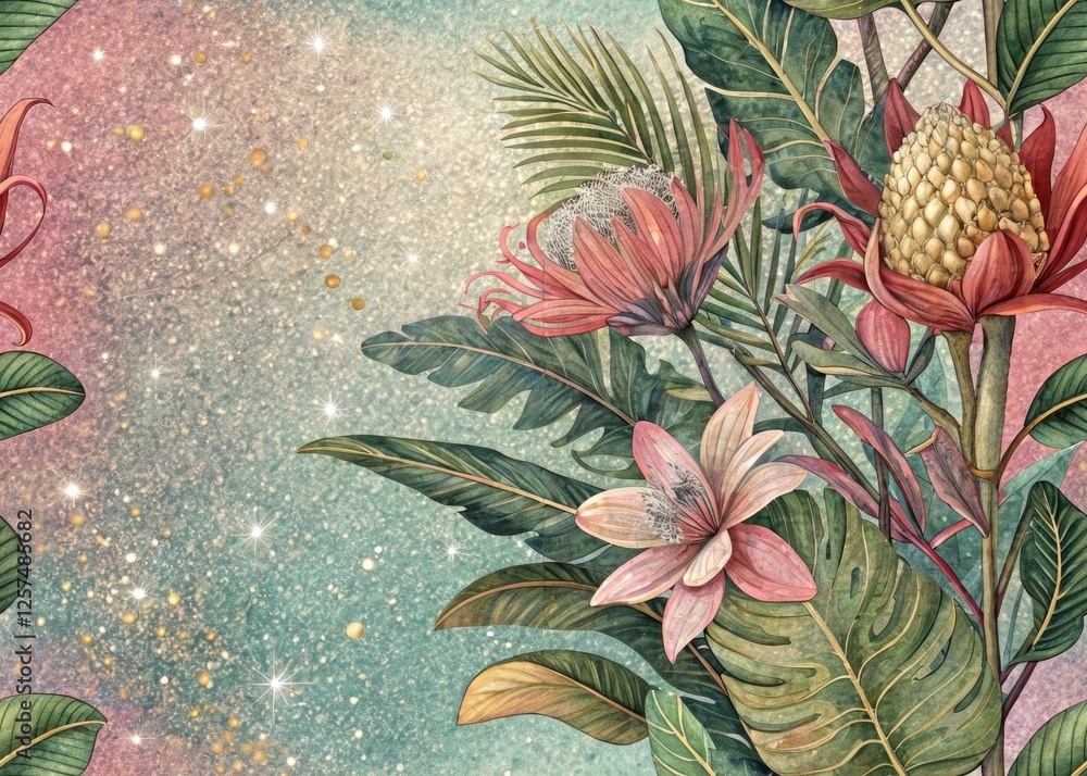 Naklejka premium Iridescent Botanical Glitter Art: Shimmering Flower Illustrations, Gradient Background, Botanical Prints, Shiny Plants