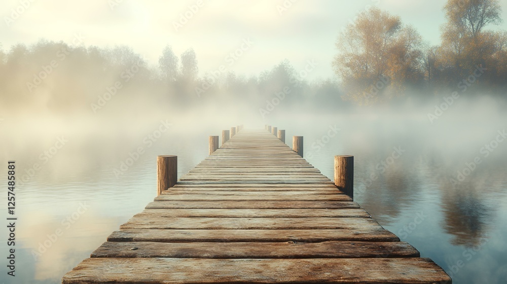 Obraz premium Misty morning, wooden pier extending into foggy lake, tranquil autumn scene; perfect for meditation, peace, and nature websites