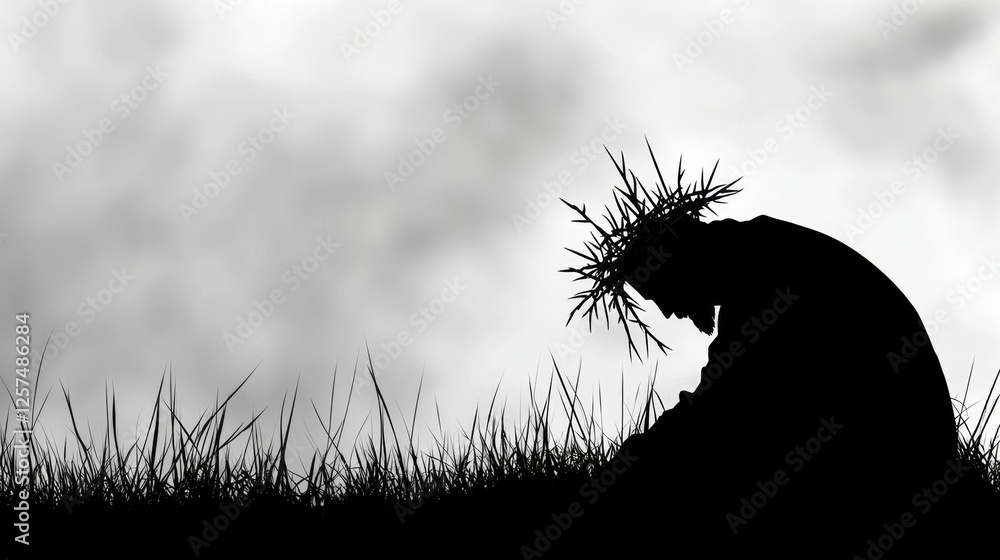 Fototapeta premium A silhouette of a person kneeling in the grass with a crown of thorns on their head