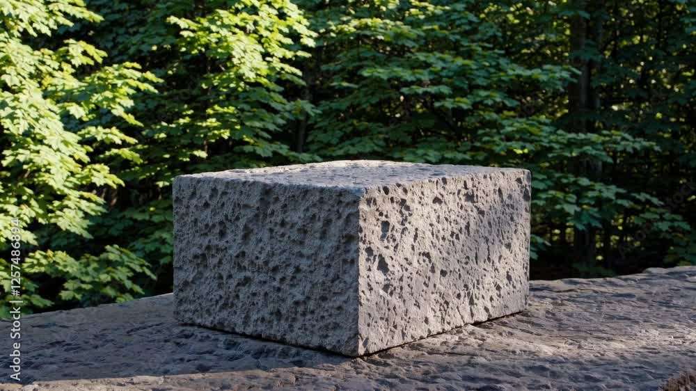 Slow Motion Shot of a Stone Podium on a Rock Platform with a Green Forest Background – Ancient Mystical Setting, Natural Monument, Lush Woodland Scene, Tranquil Outdoor Atmosphere, Fantasy Landscape, Slow Motion Shot of a Stone Podium on a Rock Platform with a Green Forest Background – Ancient Mystical Setting, Natural Monument, Lush Woodland Scene, Tranquil Outdoor Atmosphere, Fantasy Landscape,